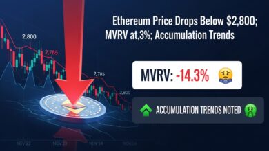 Ethereum Price Drops Below $2,800; MVRV at -14.3%; Accumulation Trends Noted